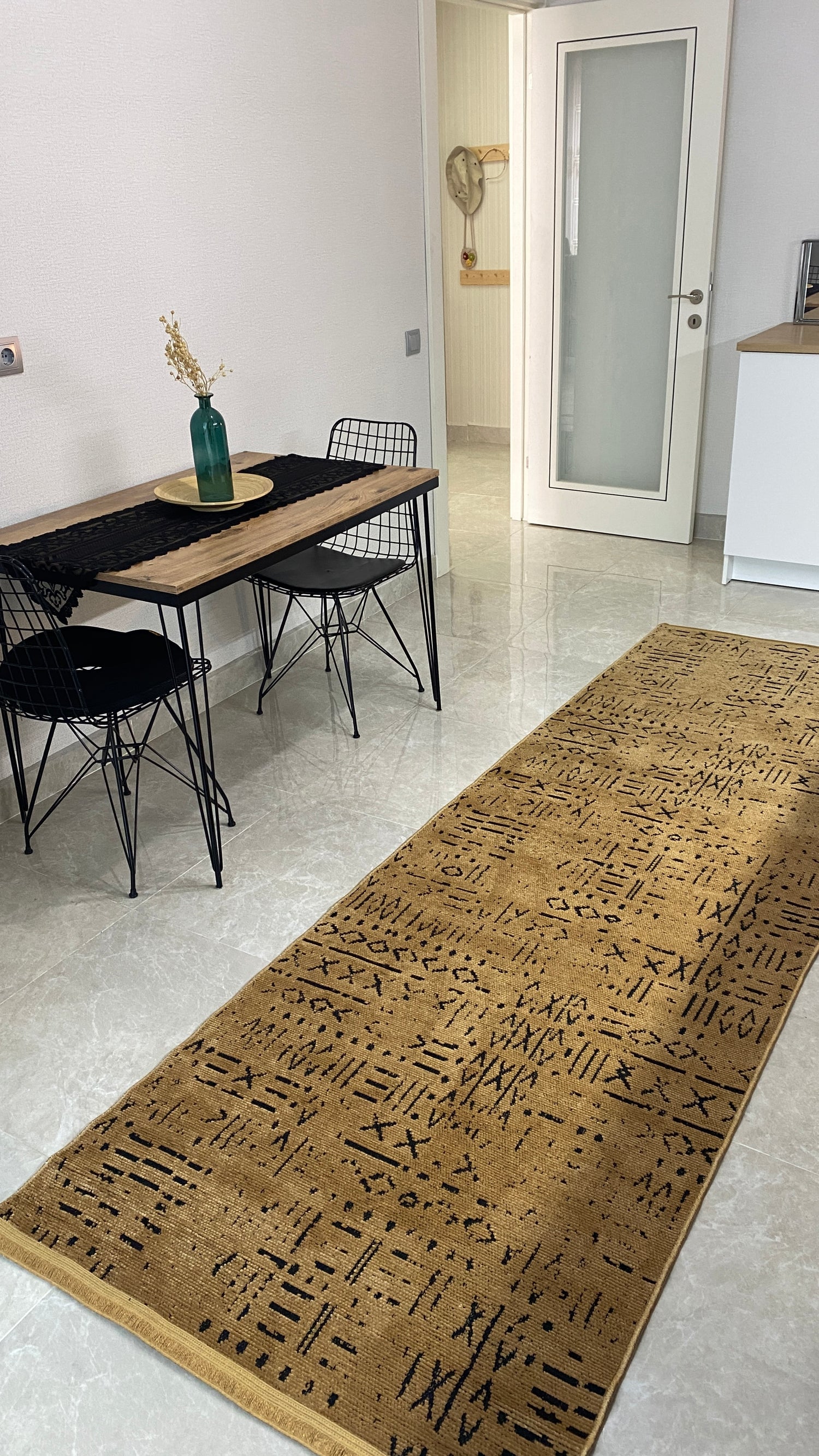 ŞÖNİL FİGÜR HARDAL İskandinav Desenli Dokuma Şönil Salon Koridor Mutfak Halısı-KP