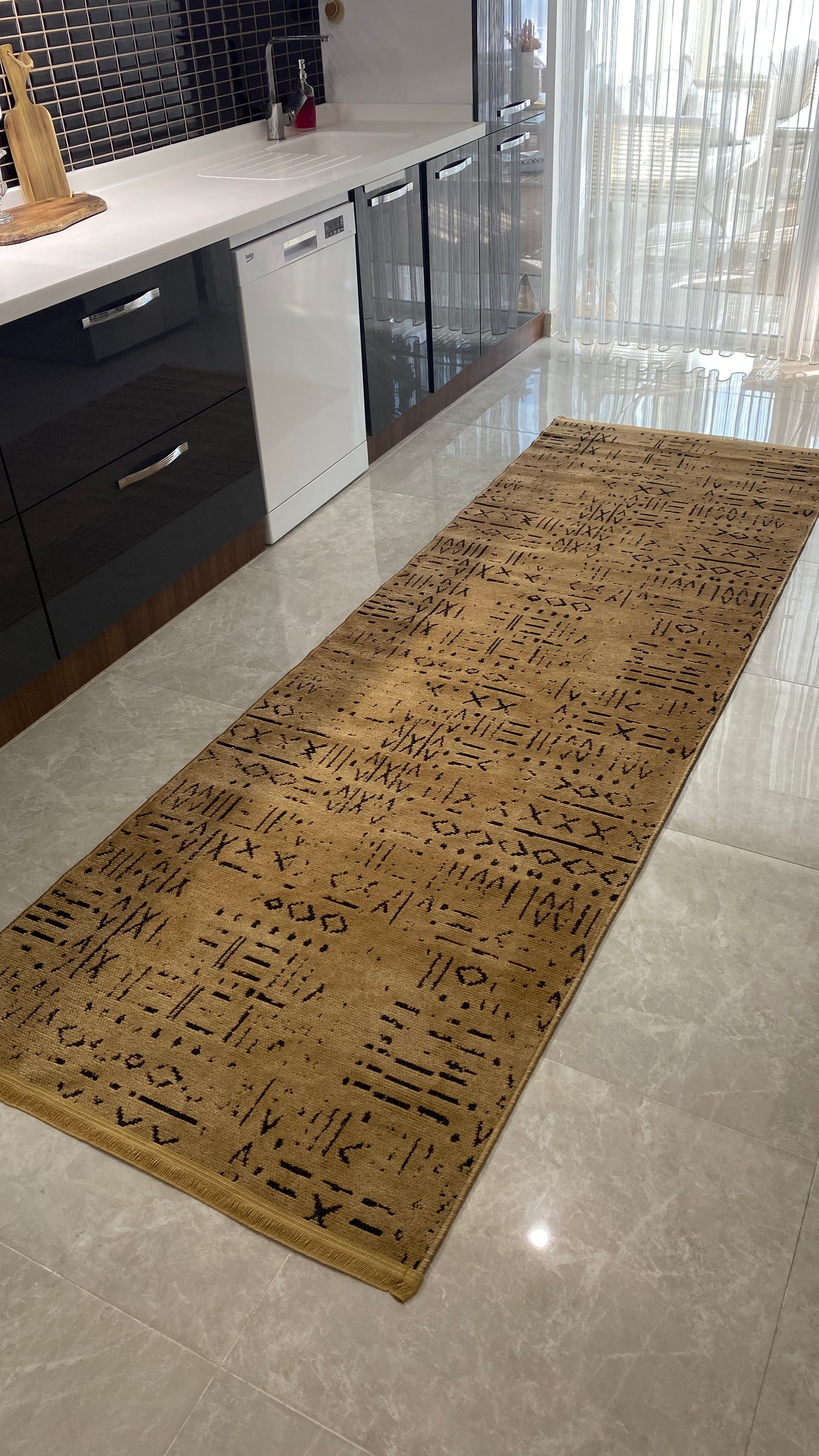 ŞÖNİL FİGÜR HARDAL İskandinav Desenli Dokuma Şönil Salon Koridor Mutfak Halısı-KP