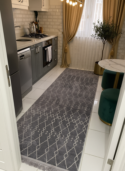ŞÖNİL MODERN - GRİ Makinede Yıkanabilir İskandinav Desenli Salon Koridor Mutfak Şönil Dokuma Halı