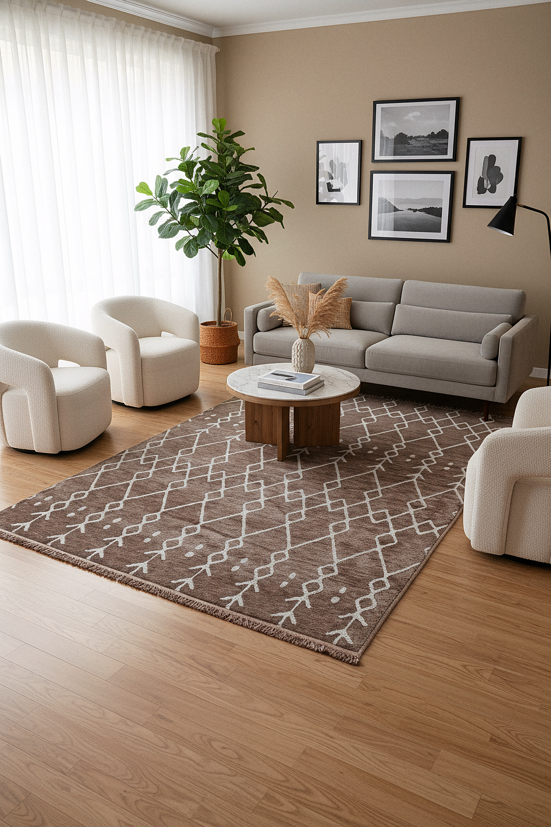 ŞÖNİL MODERN - KAHVE Makinede Yıkanabilir İskandinav Desenli Salon Koridor Mutfak Şönil Dokuma Halı