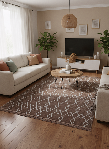ŞÖNİL MODERN - KAHVE Makinede Yıkanabilir İskandinav Desenli Salon Koridor Mutfak Şönil Dokuma Halı