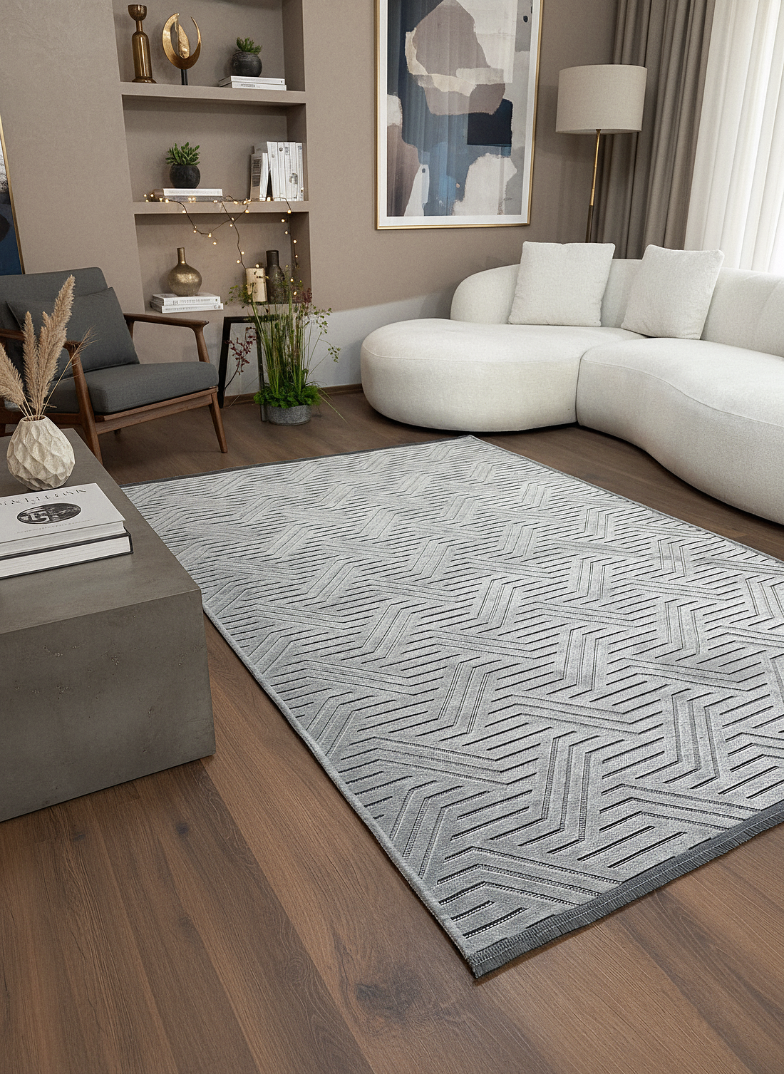 ŞÖNİL PERLA - GRİ Makinede Yıkanabilir Geometrik Modern Desenli Salon Koridor Mutfak Şönil Dokuma Halı