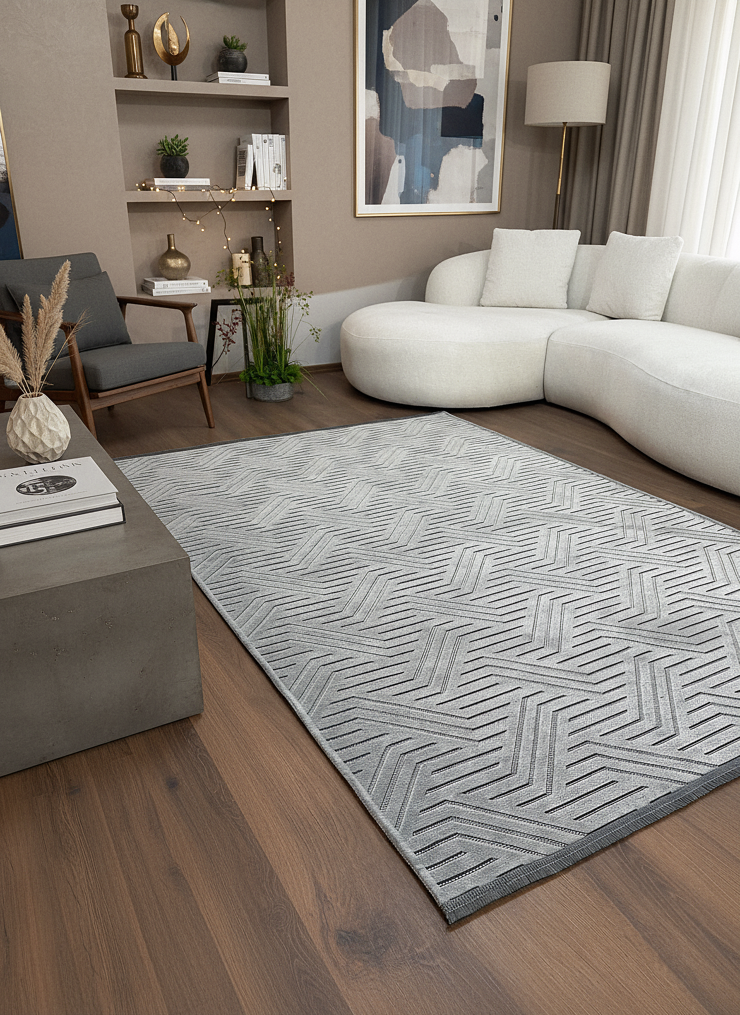 ŞÖNİL PERLA - GRİ Makinede Yıkanabilir Geometrik Modern Desenli Salon Koridor Mutfak Şönil Dokuma Halı