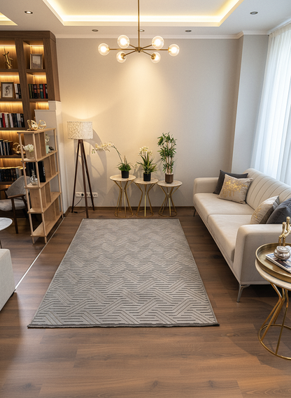 ŞÖNİL PERLA - GRİ Makinede Yıkanabilir Geometrik Modern Desenli Salon Koridor Mutfak Şönil Dokuma Halı