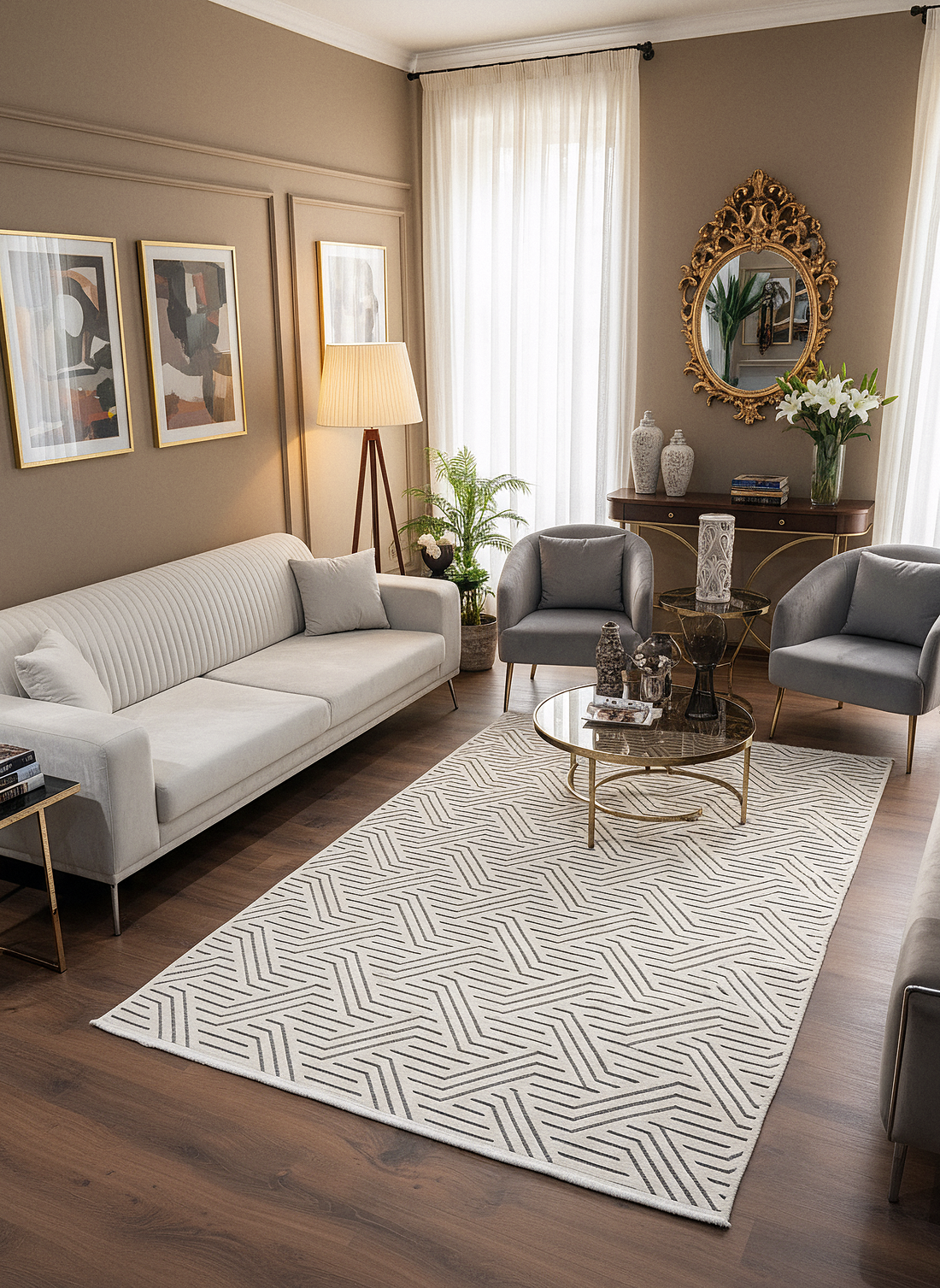 ŞÖNİL PERLA - KREM Makinede Yıkanabilir Geometrik Modern Desenli Salon Koridor Mutfak Şönil Dokuma Halı