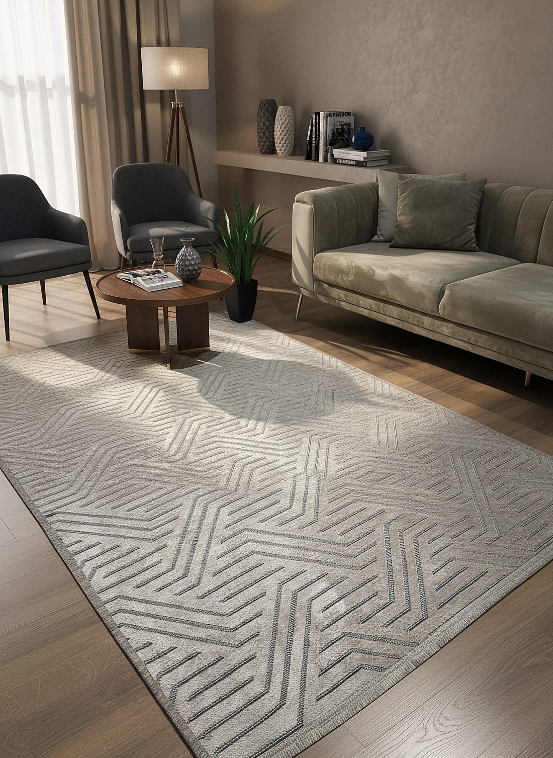 ŞÖNİL PERLA - VİZON Makinede Yıkanabilir Geometrik Modern Desenli Salon Koridor Mutfak Şönil Dokuma Halı