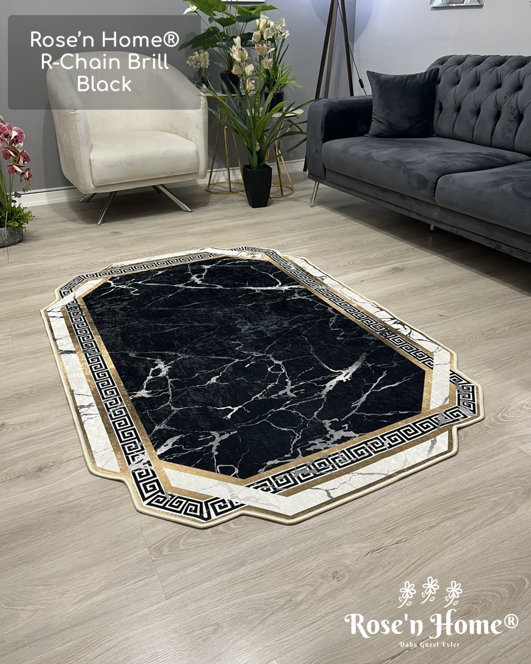 R-CHAİN BRİLL BLACK - %100 Pamuk Dokuma Taban Makinede Yıkanabilir Kaymaz Halı