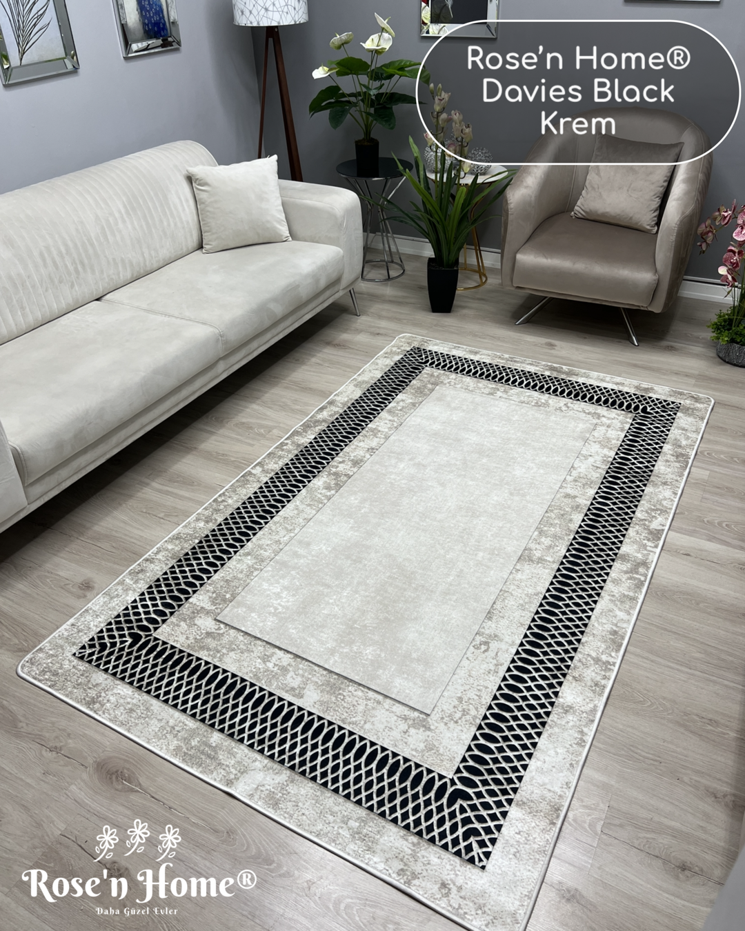 DAVİES BLACK KREM - %100 Pamuk Dokuma Taban Makinede Yıkanabilir Kaymaz Halı