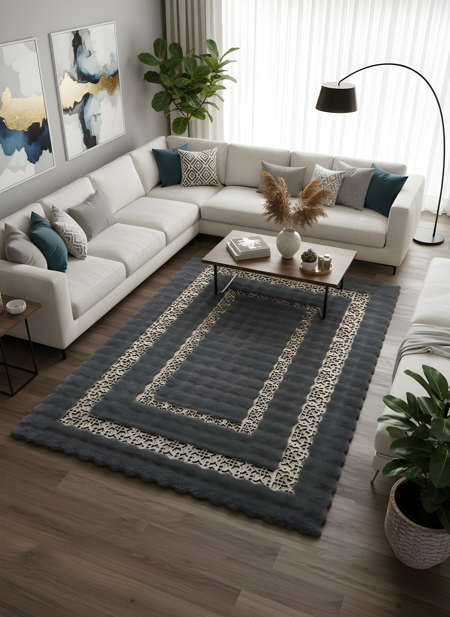 Royal Serisi Turmalin - El İşçiliği ile Tavşan Post ve Varaklı Deri Dekoratif Halı