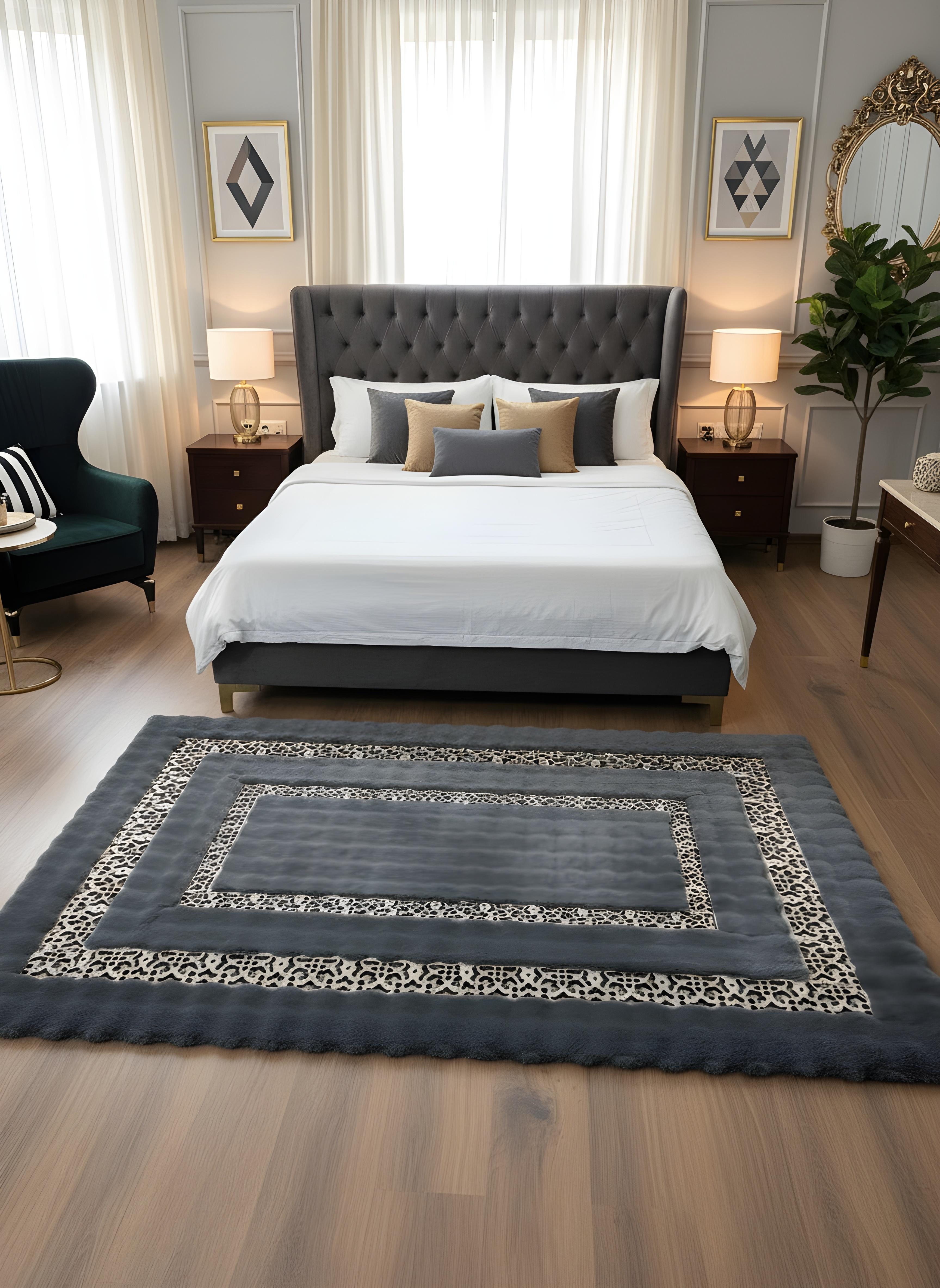 Royal Serisi Turmalin - El İşçiliği ile Tavşan Post ve Varaklı Deri Dekoratif Halı