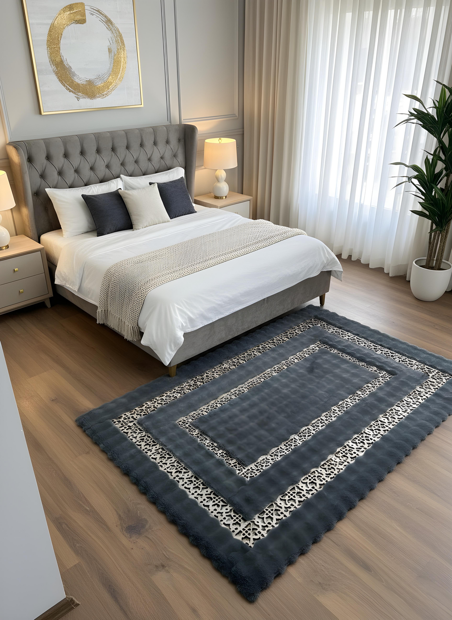 Royal Serisi Turmalin - El İşçiliği ile Tavşan Post ve Varaklı Deri Dekoratif Halı