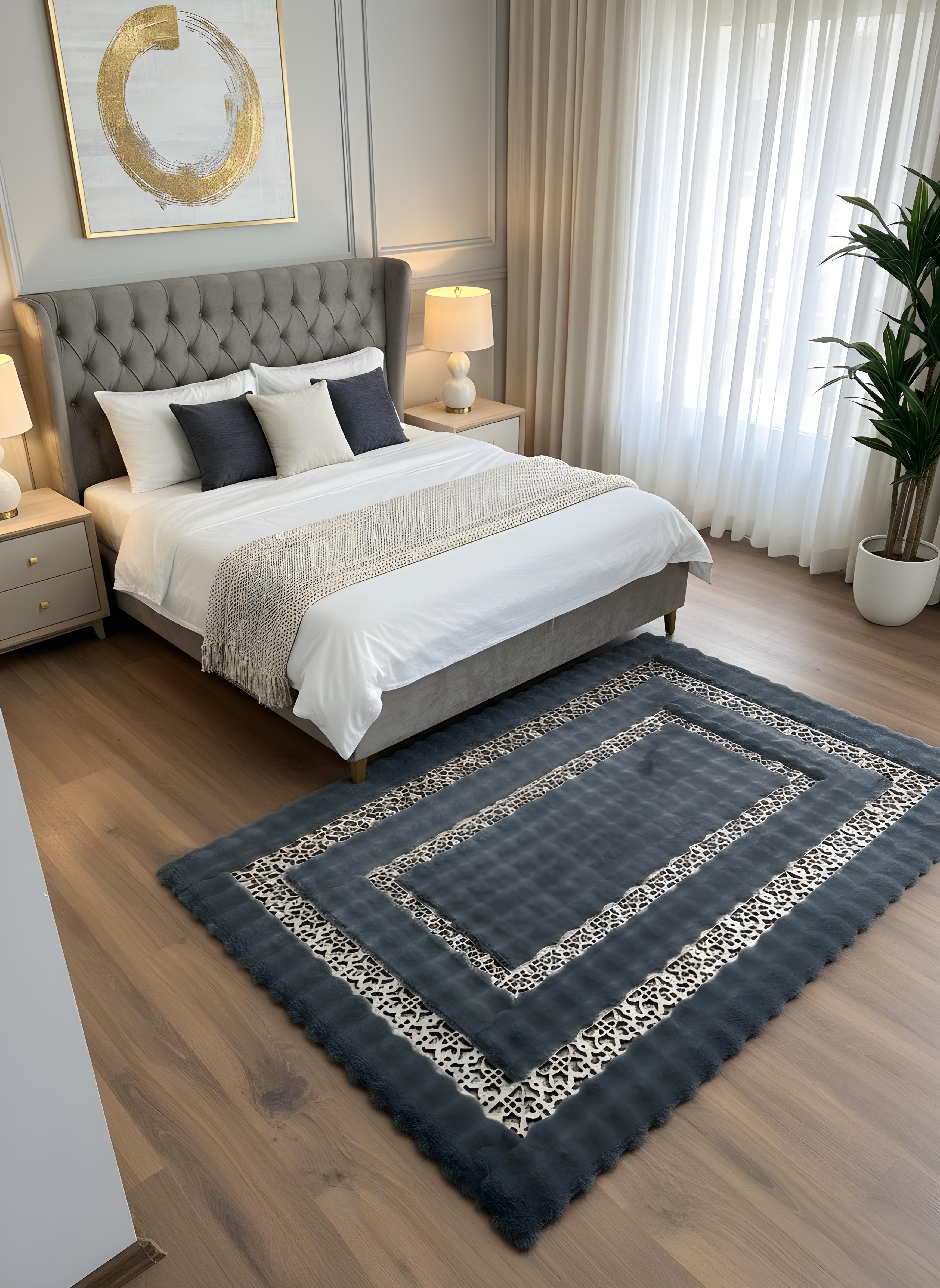 Royal Serisi Turmalin - El İşçiliği ile Tavşan Post ve Varaklı Deri Dekoratif Halı