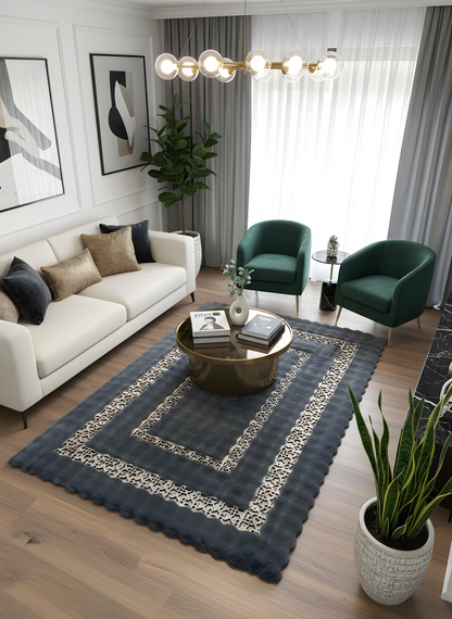 Royal Serisi Turmalin - El İşçiliği ile Tavşan Post ve Varaklı Deri Dekoratif Halı