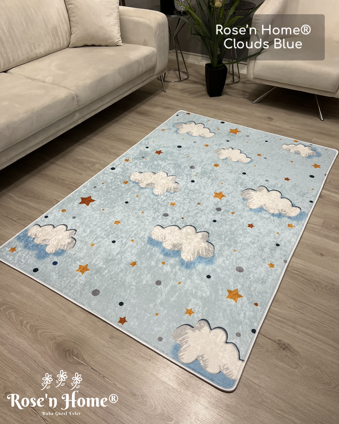 CLOUDS BLUE - %100 Pamuk Dokuma Taban Makinede Yıkanabilir Kaymaz Halı