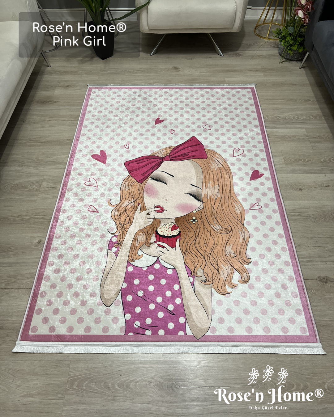 PİNK GİRL - %100 Pamuk Dokuma Taban Makinede Yıkanabilir Kaymaz Halı