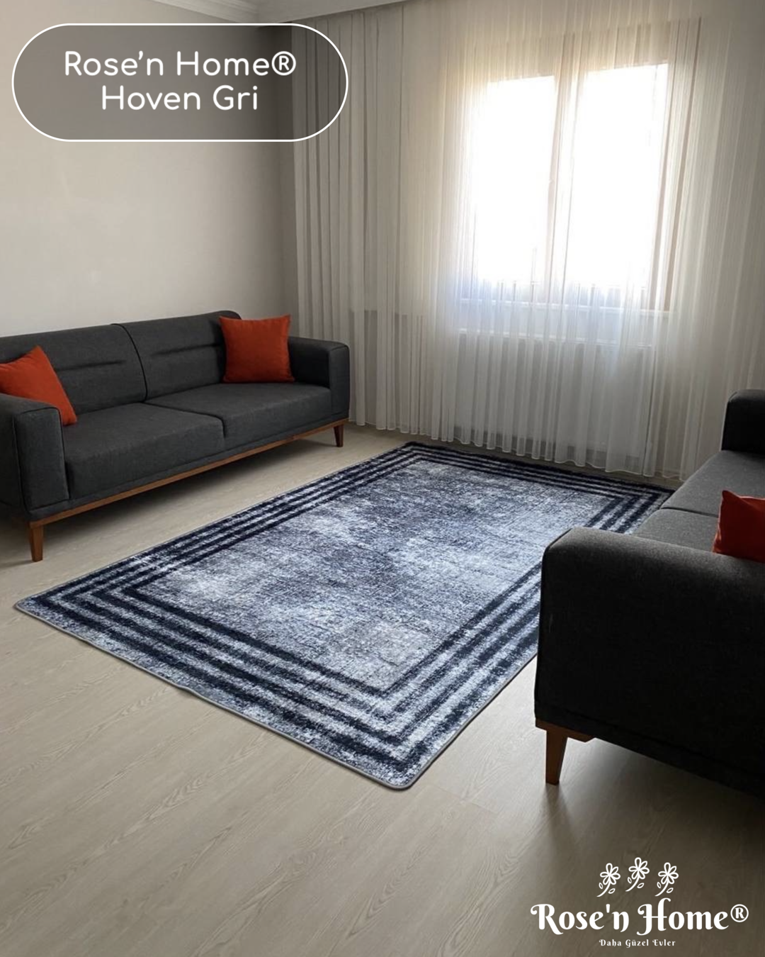 HOVEN GRİ SİYAH - %100 Pamuk Dokuma Taban Makinede Yıkanabilir Kaymaz Halı