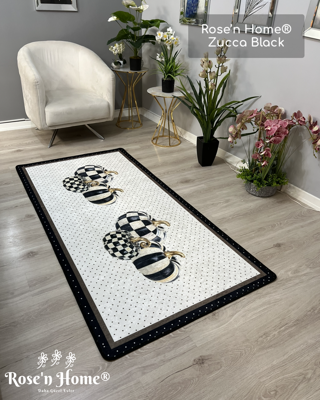 ZUCCA BLACK - %100 Pamuk Dokuma Taban Makinede Yıkanabilir Kaymaz Halı