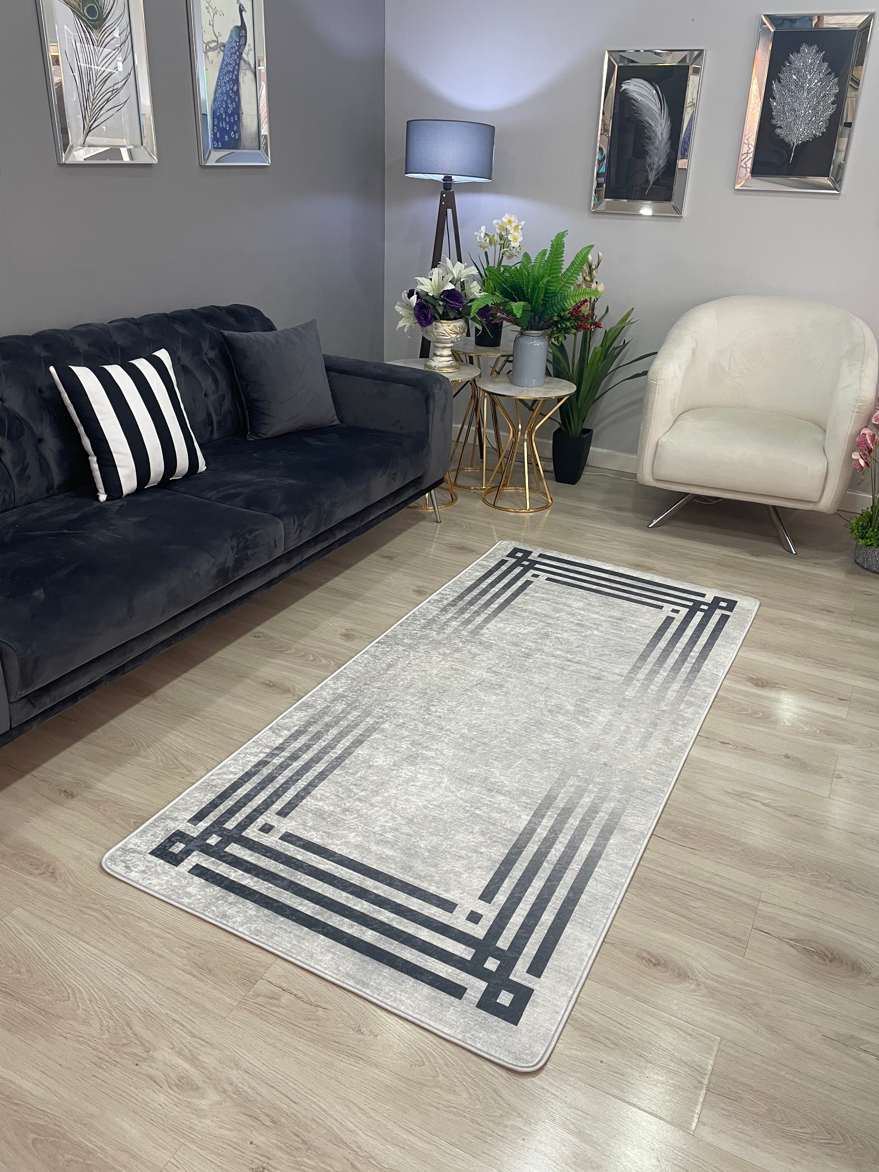 ZÜHRE LİNE GRİ - %100 Pamuk Dokuma Taban Makinede Yıkanabilir Kaymaz Halı