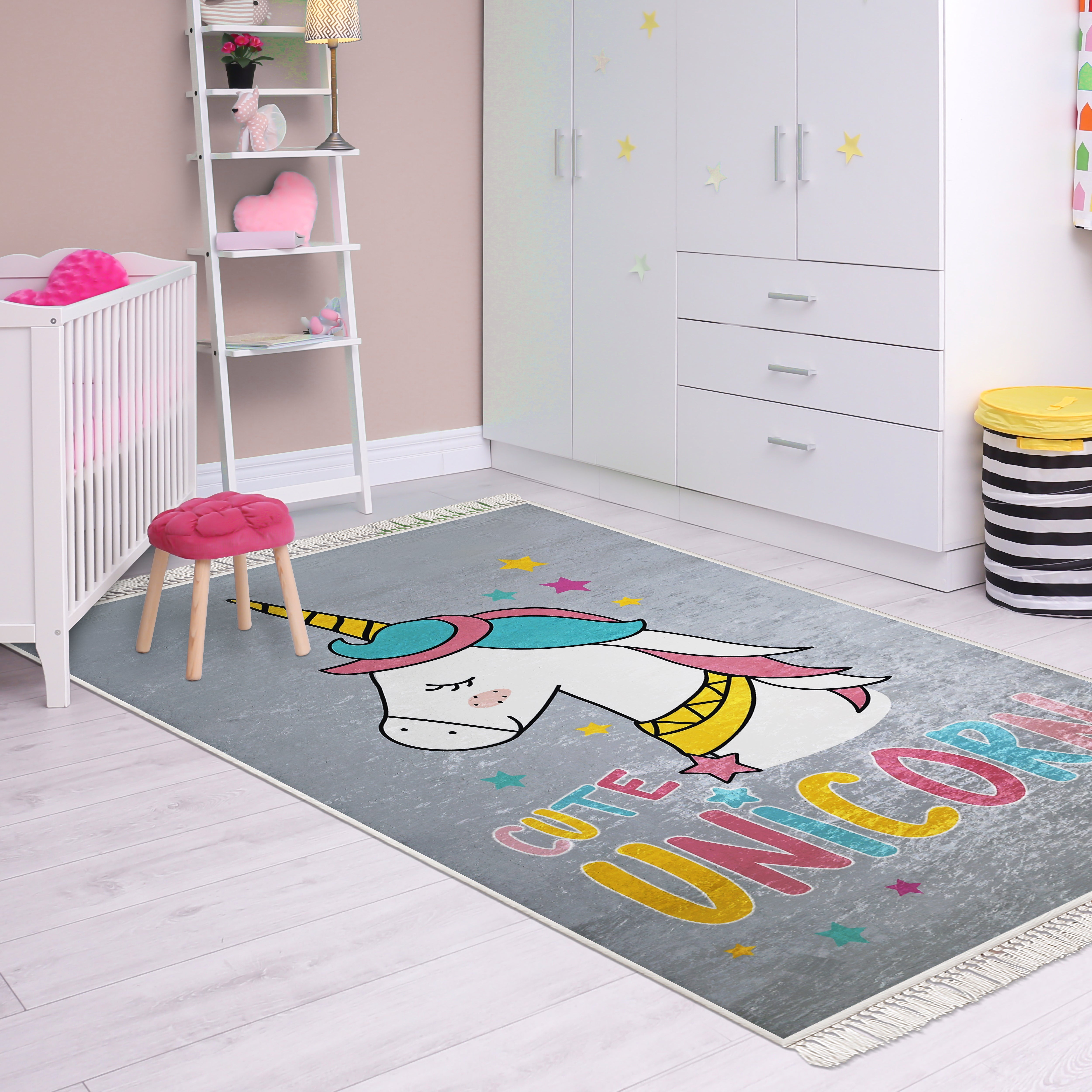 CUTE HORSE - %100 Pamuk Dokuma Taban Makinede Yıkanabilir Kaymaz Halı
