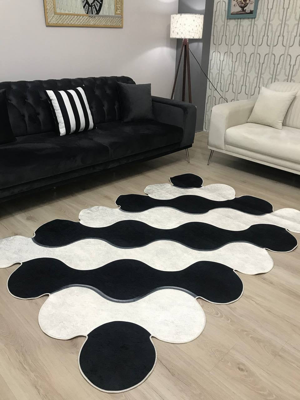 FORM SİYAH BEYAZ - %100 Pamuk Dokuma Taban Makinede Yıkanabilir Kaymaz Halı