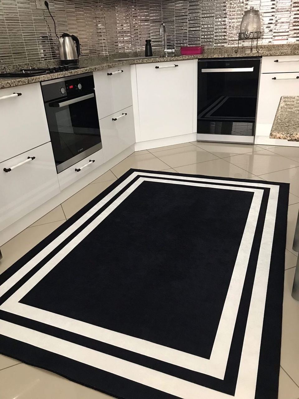 FRAME SİYAH - %100 Pamuk Dokuma Taban Makinede Yıkanabilir Kaymaz Halı