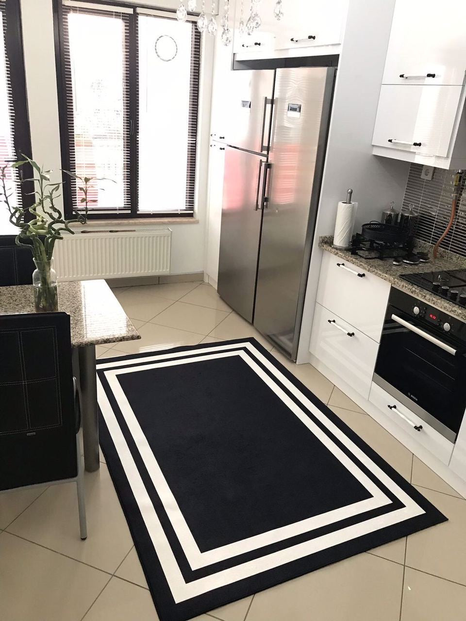 FRAME SİYAH - %100 Pamuk Dokuma Taban Makinede Yıkanabilir Kaymaz Halı