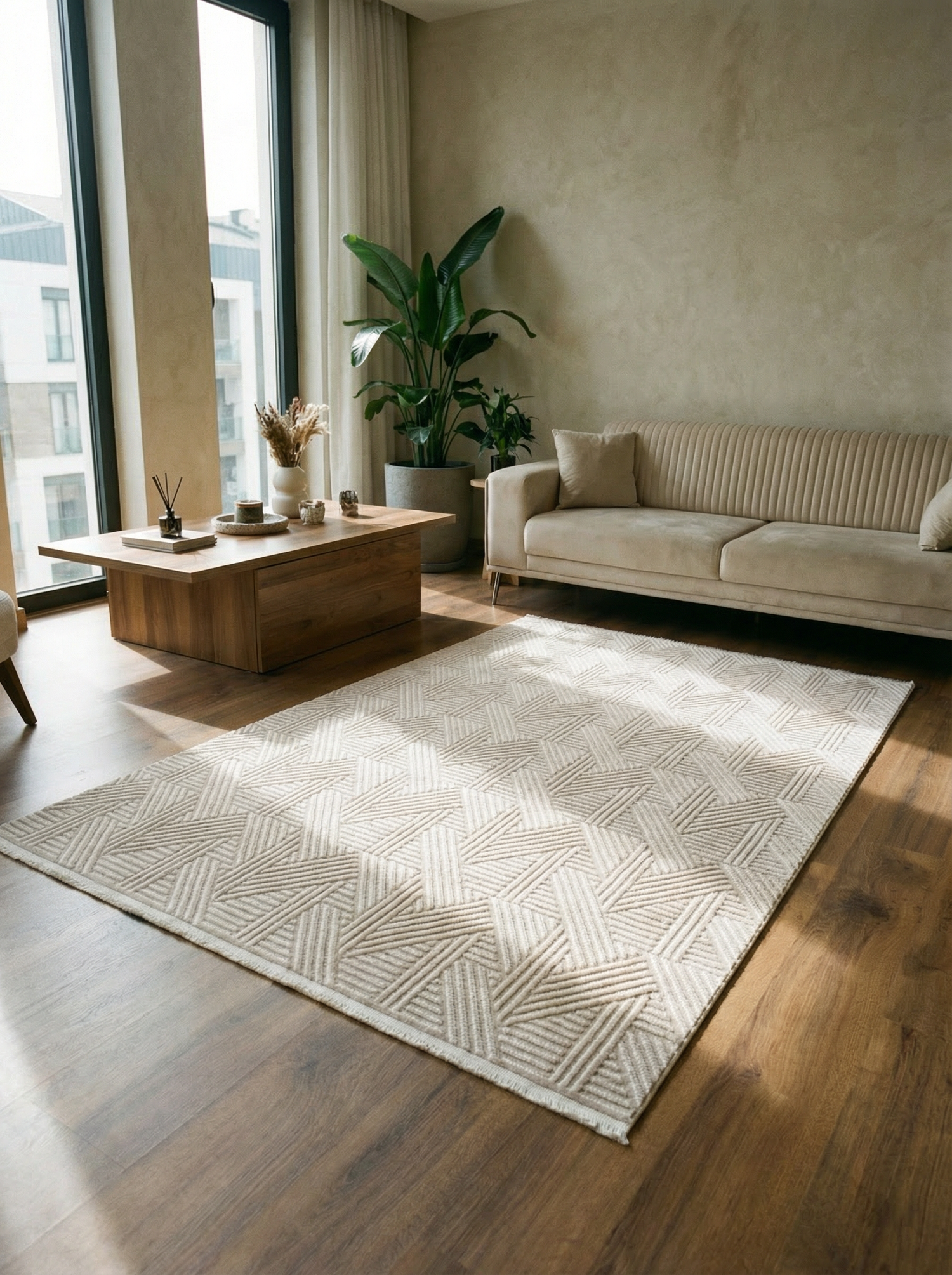 MYRA 476 Bej Geometrik Desenli Modern Salon Mutfak Koridor Balkon Halısı