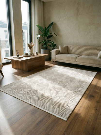 MYRA 476 Bej Geometrik Desenli Modern Salon Mutfak Koridor Balkon Halısı