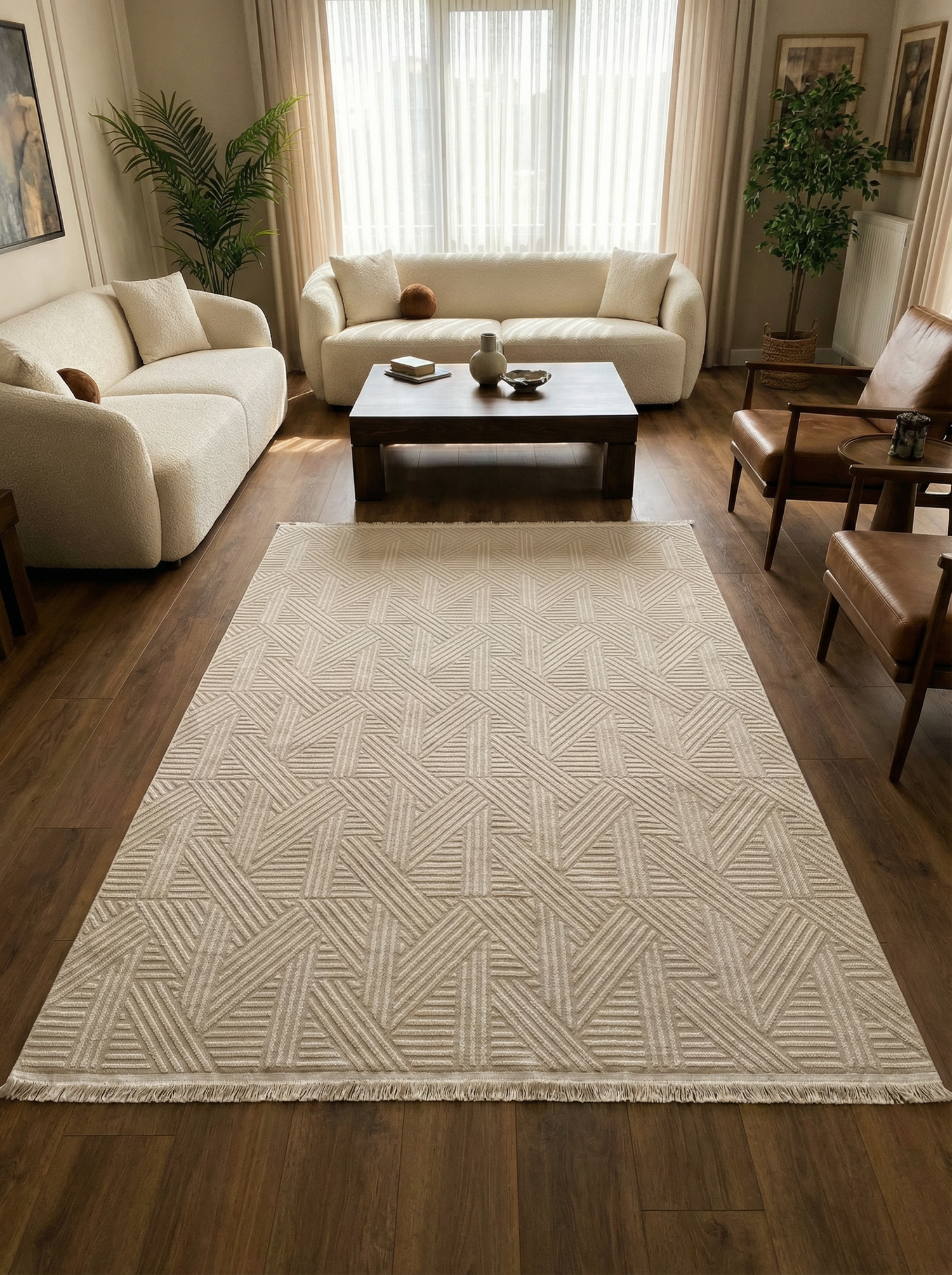 MYRA 476 Bej Geometrik Desenli Modern Salon Mutfak Koridor Balkon Halısı