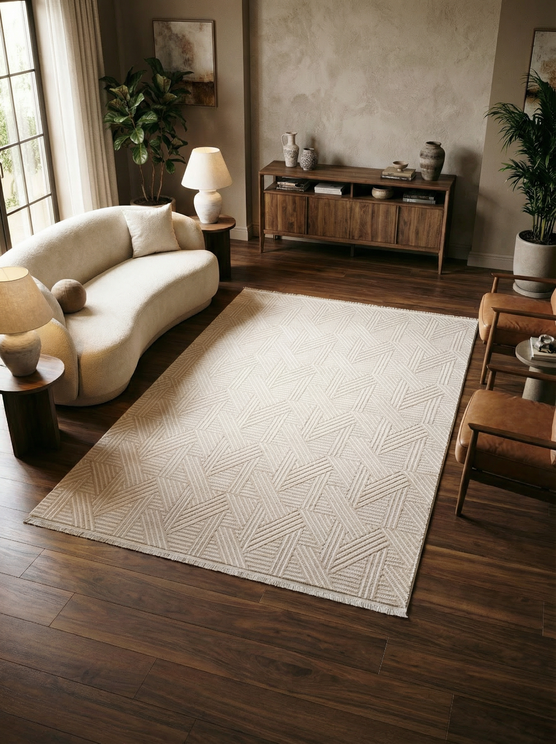 MYRA 476 Bej Geometrik Desenli Modern Salon Mutfak Koridor Balkon Halısı