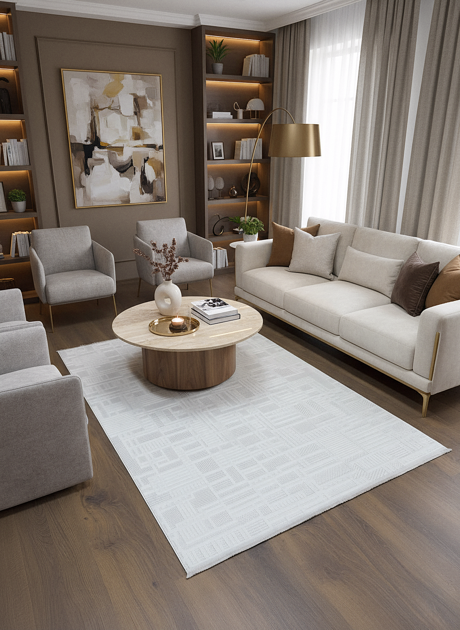 MYRA KREM Geometrik Desenli Modern Salon Mutfak Koridor Balkon Halısı