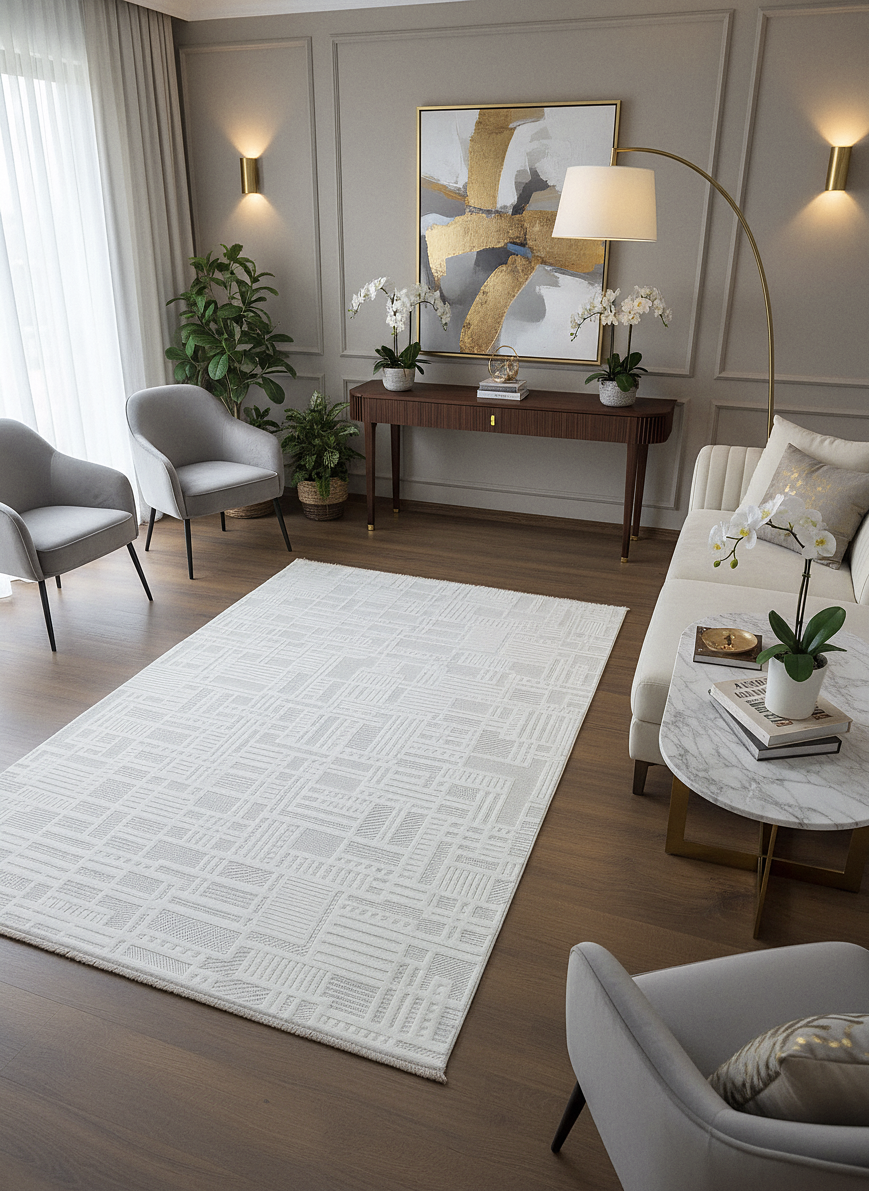 MYRA KREM Geometrik Desenli Modern Salon Mutfak Koridor Balkon Halısı