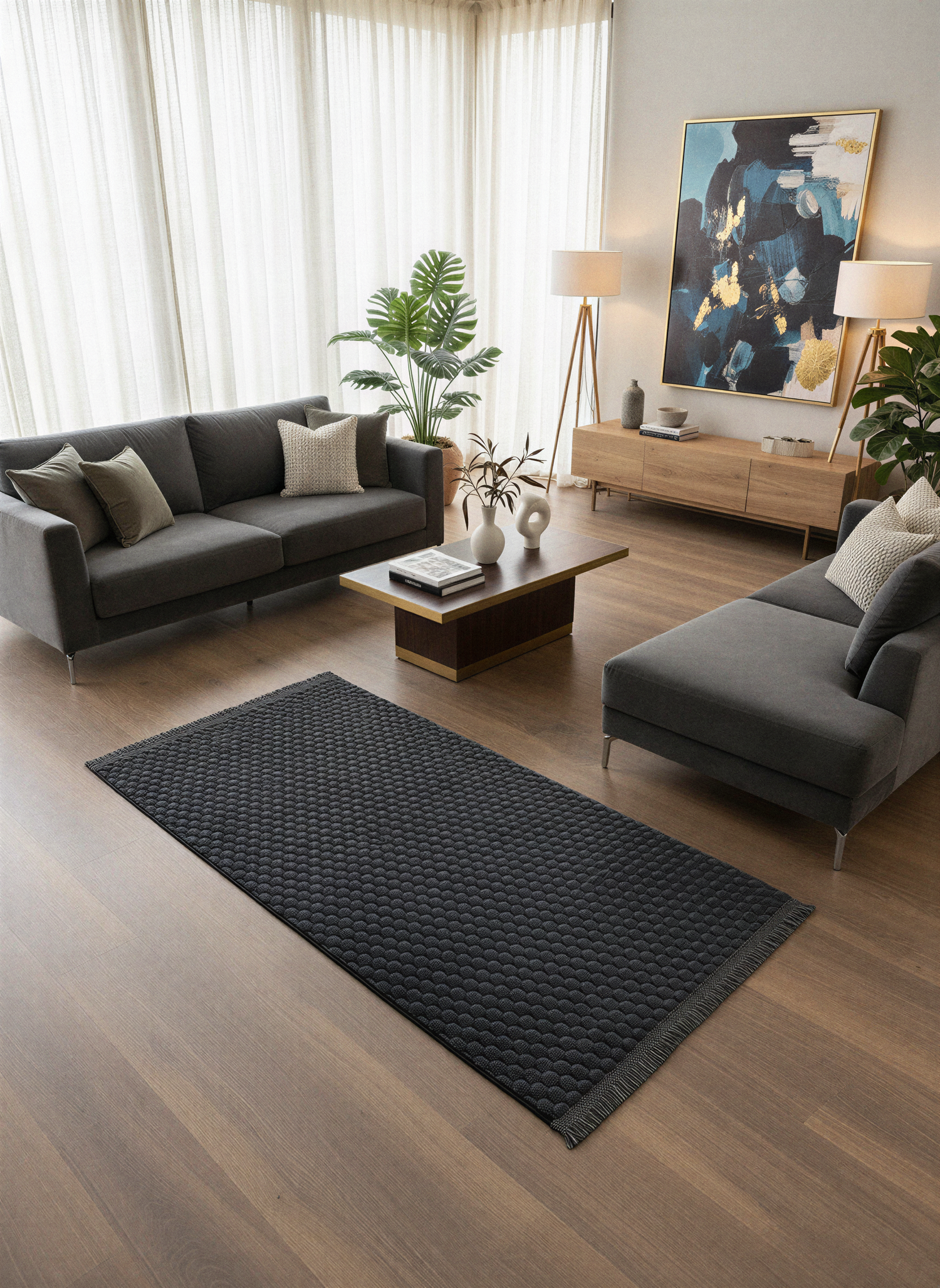 TAVŞAN PETEK ANTRASİT - Kaymaz Deri Taban Tavşan Shaggy Yatak Odası Oturma Odası Çocuk Odası Halısı