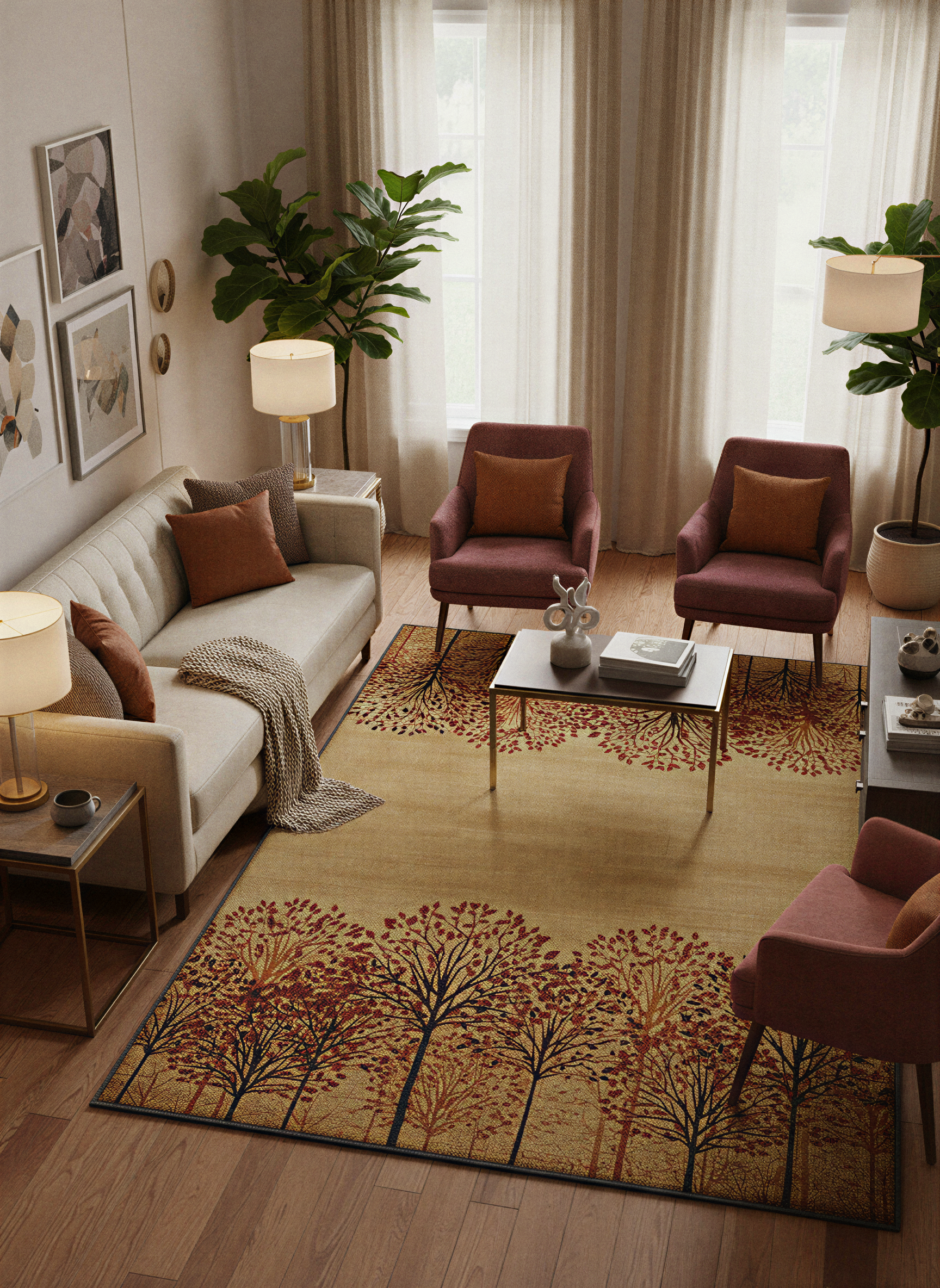 Arte HD024 Ağaç Desenli Modern Dekoratif Dokuma Halı