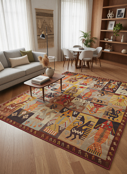 Arte HD028 Etnik Hayvan Figürlü Patch Desenli Dekoratif Dokuma Halı