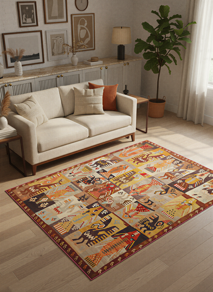 Arte HD028 Etnik Hayvan Figürlü Patch Desenli Dekoratif Dokuma Halı