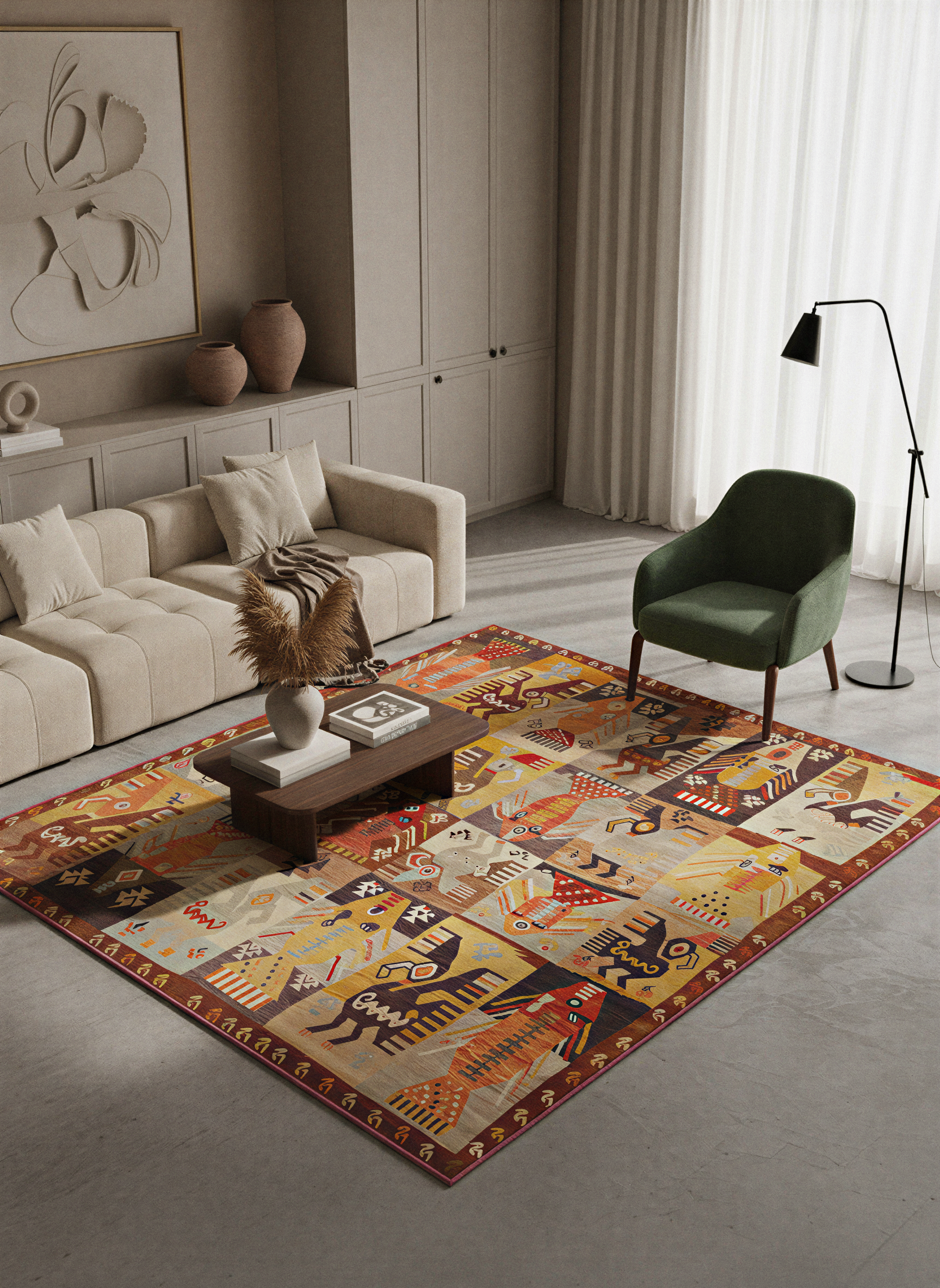 Arte HD028 Etnik Hayvan Figürlü Patch Desenli Dekoratif Dokuma Halı