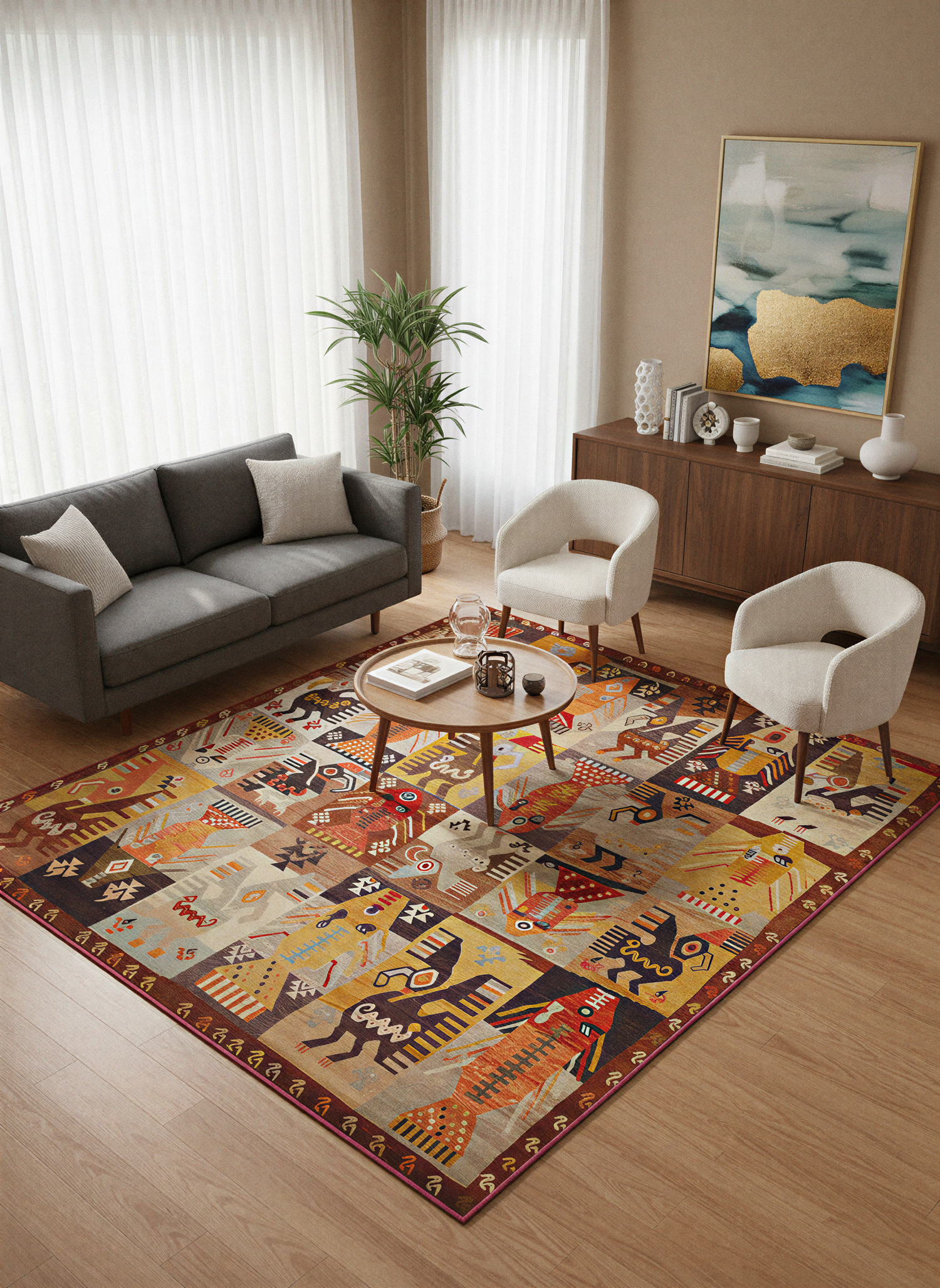 Arte HD028 Etnik Hayvan Figürlü Patch Desenli Dekoratif Dokuma Halı