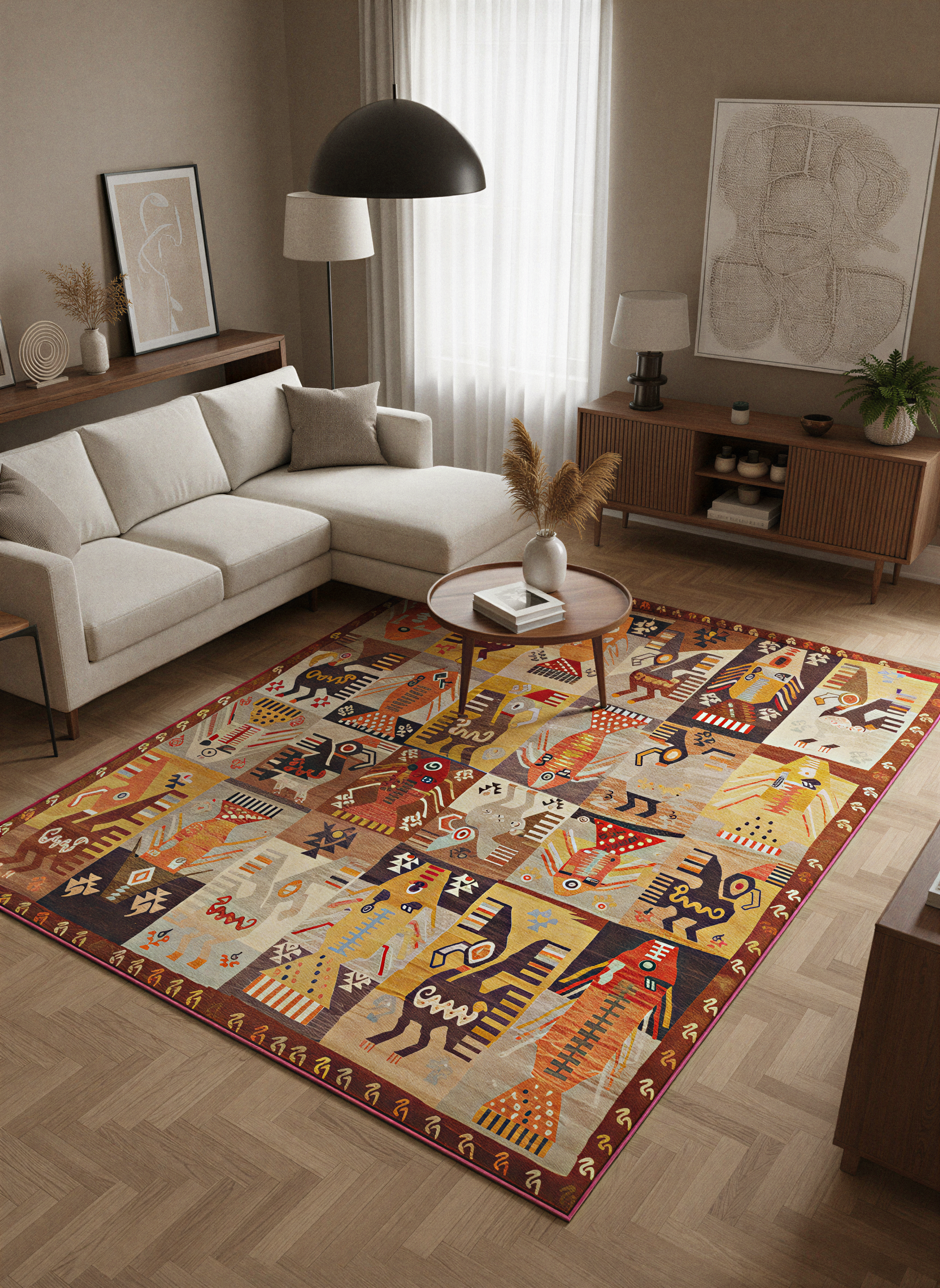 Arte HD028 Etnik Hayvan Figürlü Patch Desenli Dekoratif Dokuma Halı