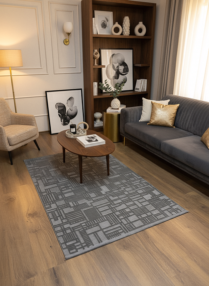 MYRA KOYU GRİ Geometrik Desenli Modern Salon Mutfak Koridor Balkon Halısı