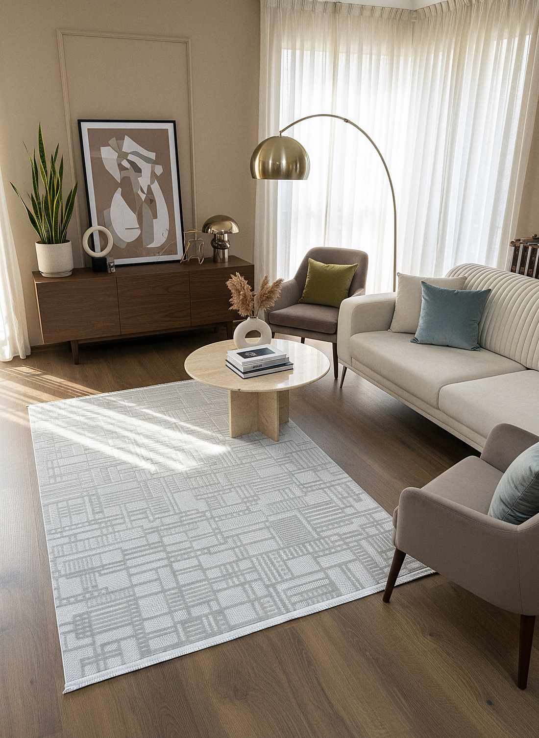 MYRA GRİ Geometrik Desenli Modern Salon Mutfak Koridor Balkon Halısı