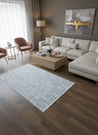 MYRA GRİ Geometrik Desenli Modern Salon Mutfak Koridor Balkon Halısı