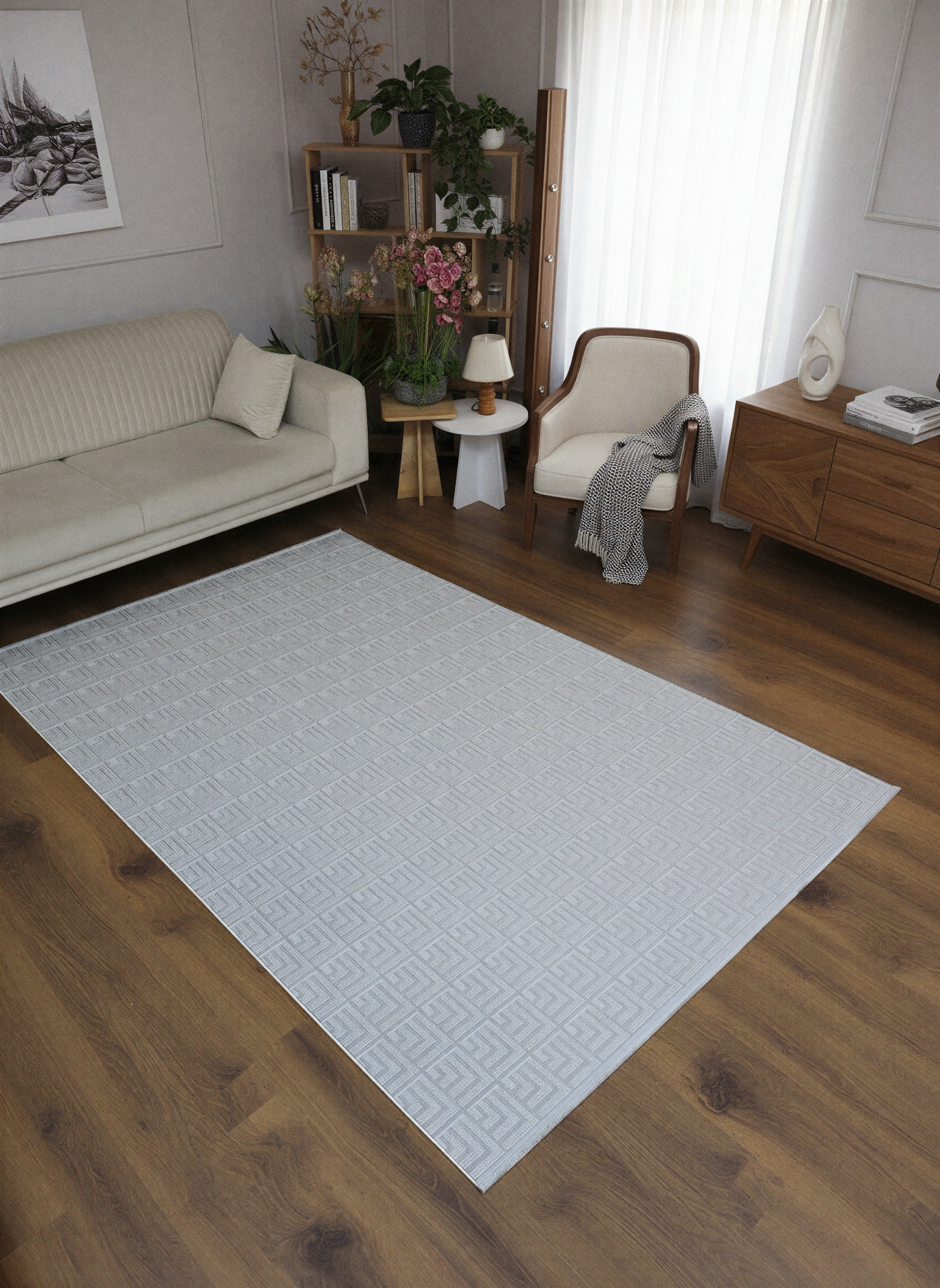 MYRA PERA 1503 Gri Geometrik Desenli Modern Salon Mutfak Koridor Balkon Halısı