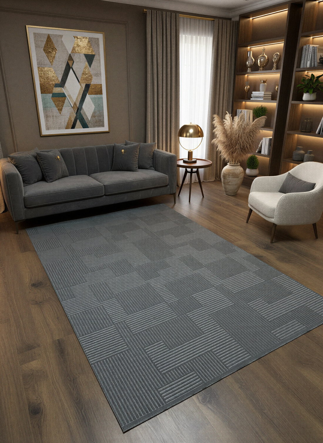 MYRA PERA 452 Antrasit Geometrik Desenli Modern Salon Mutfak Koridor Balkon Halısı