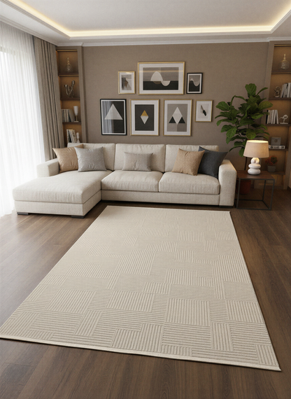 MYRA PERA 452 Bej Geometrik Desenli Modern Salon Mutfak Koridor Balkon Halısı