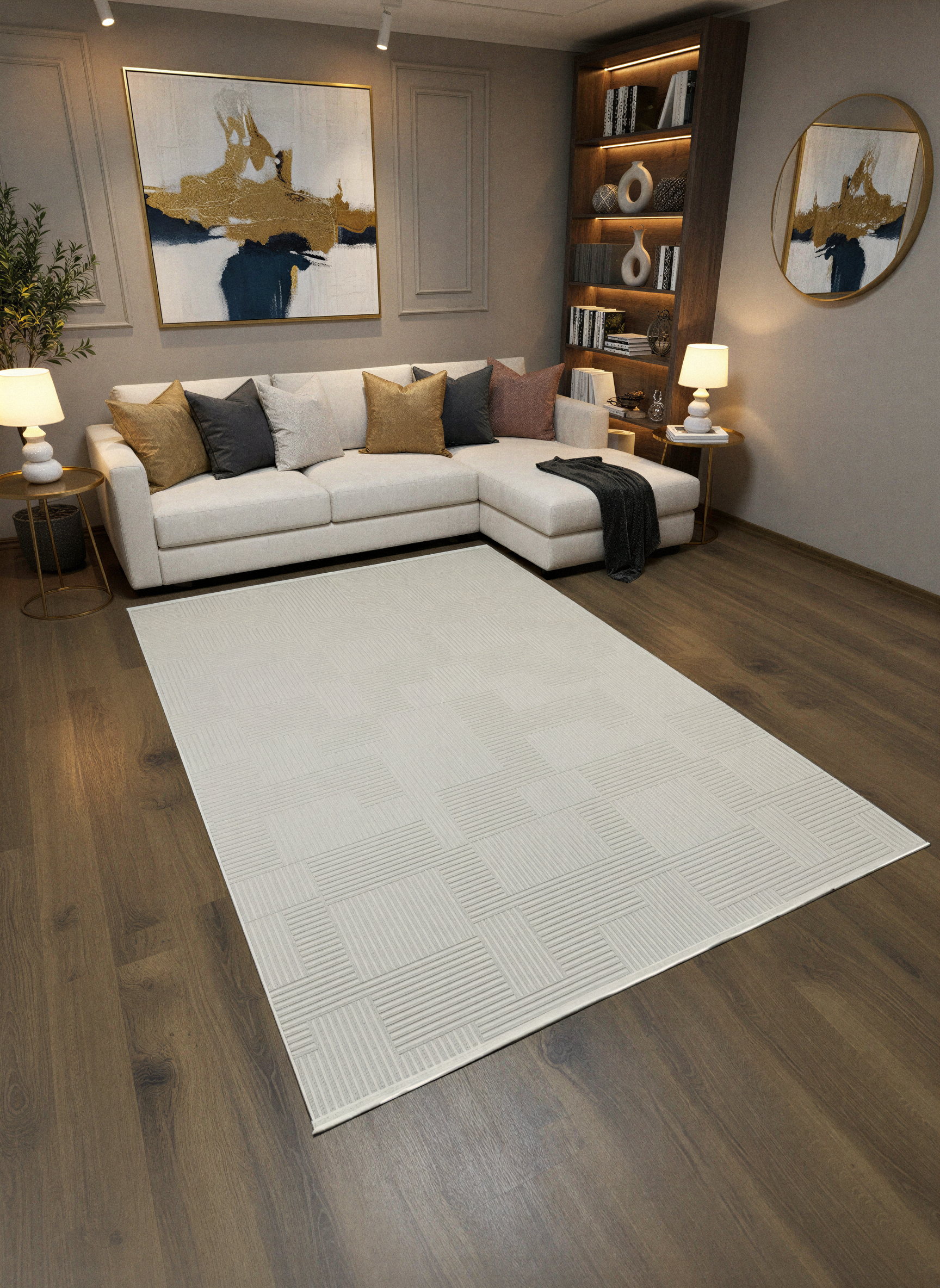 MYRA PERA 452 Bej Geometrik Desenli Modern Salon Mutfak Koridor Balkon Halısı