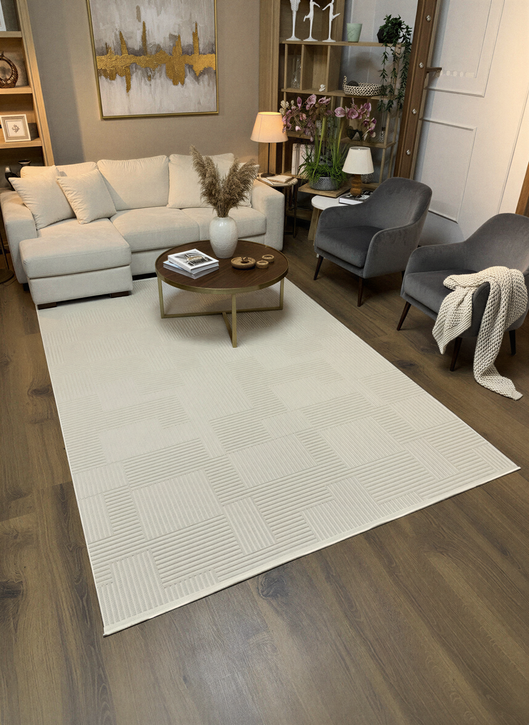 MYRA PERA 452 Bej Geometrik Desenli Modern Salon Mutfak Koridor Balkon Halısı