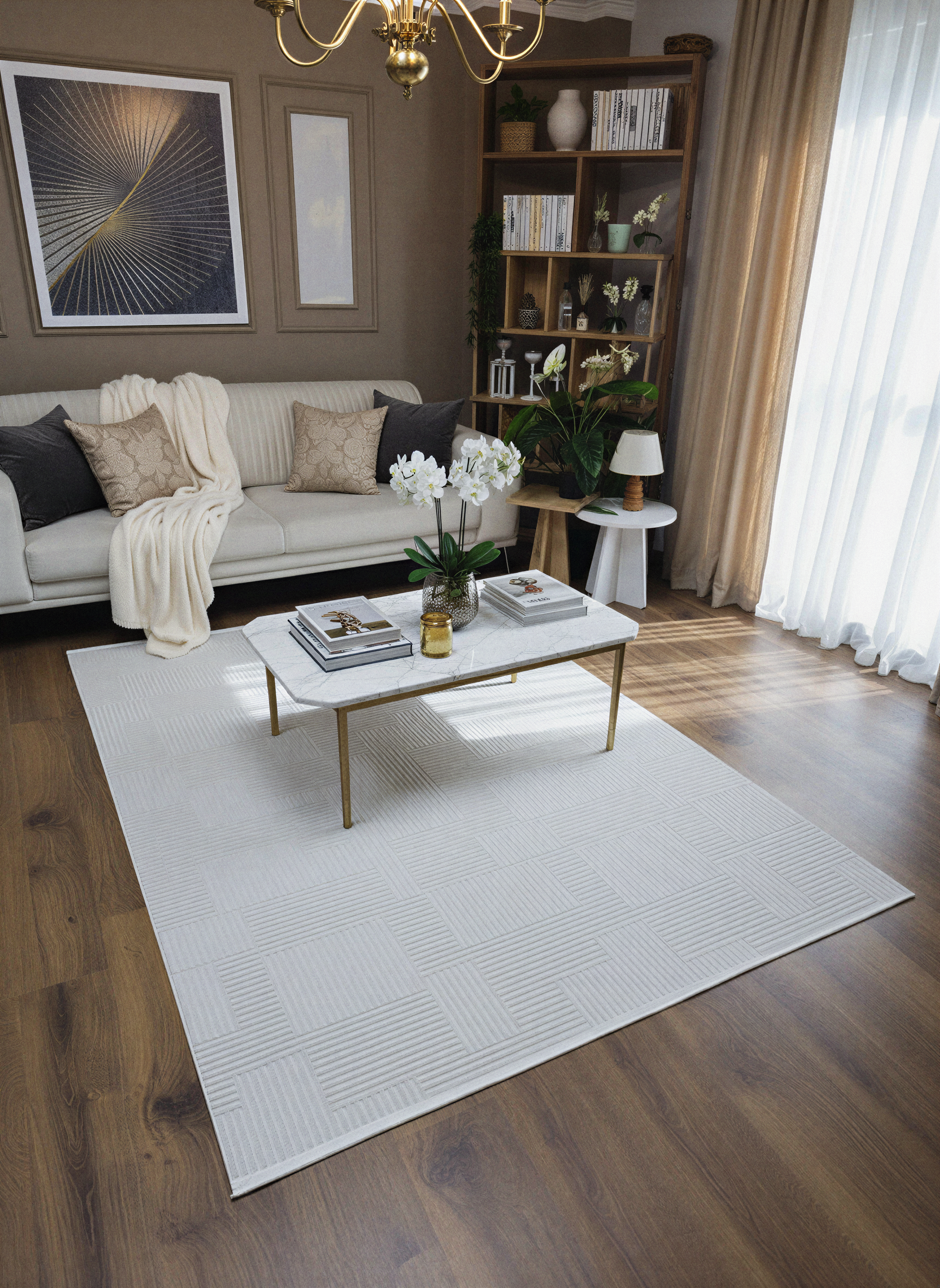 MYRA PERA 452 Krem Geometrik Desenli Modern Salon Mutfak Koridor Balkon Halısı