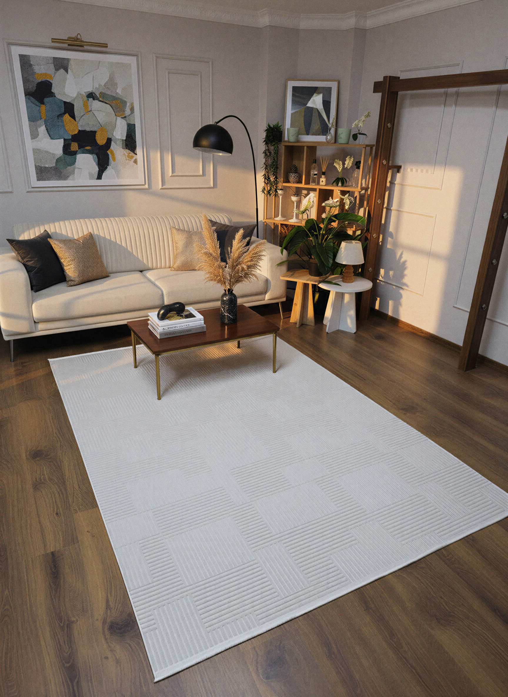 MYRA PERA 452 Krem Geometrik Desenli Modern Salon Mutfak Koridor Balkon Halısı