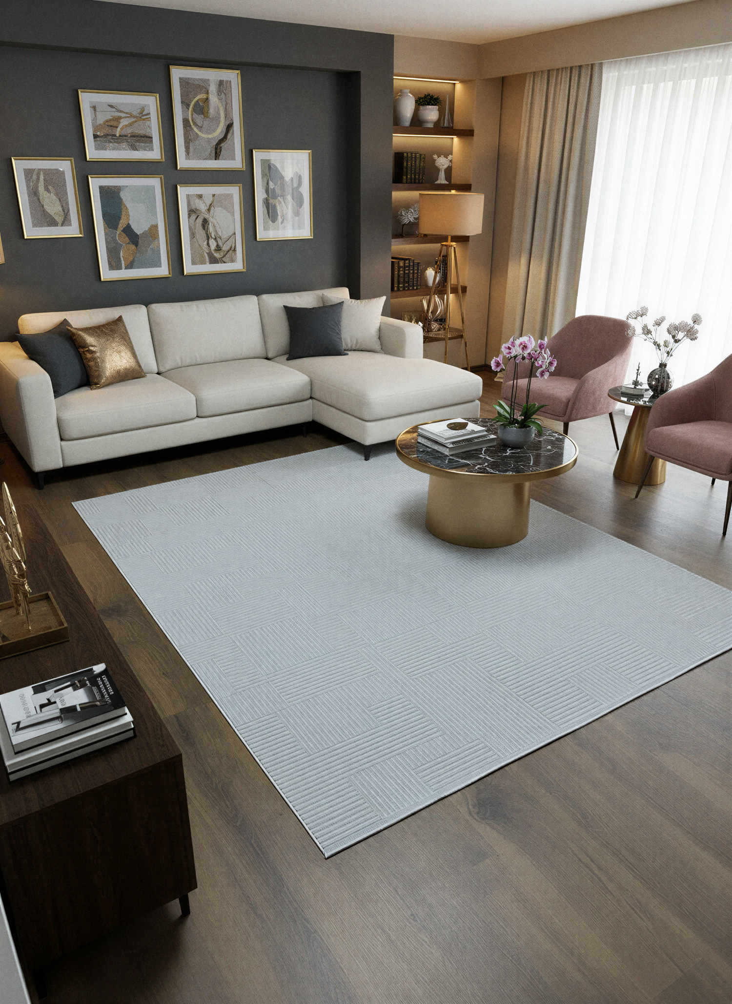 MYRA PERA 452 Gri Geometrik Desenli Modern Salon Mutfak Koridor Balkon Halısı